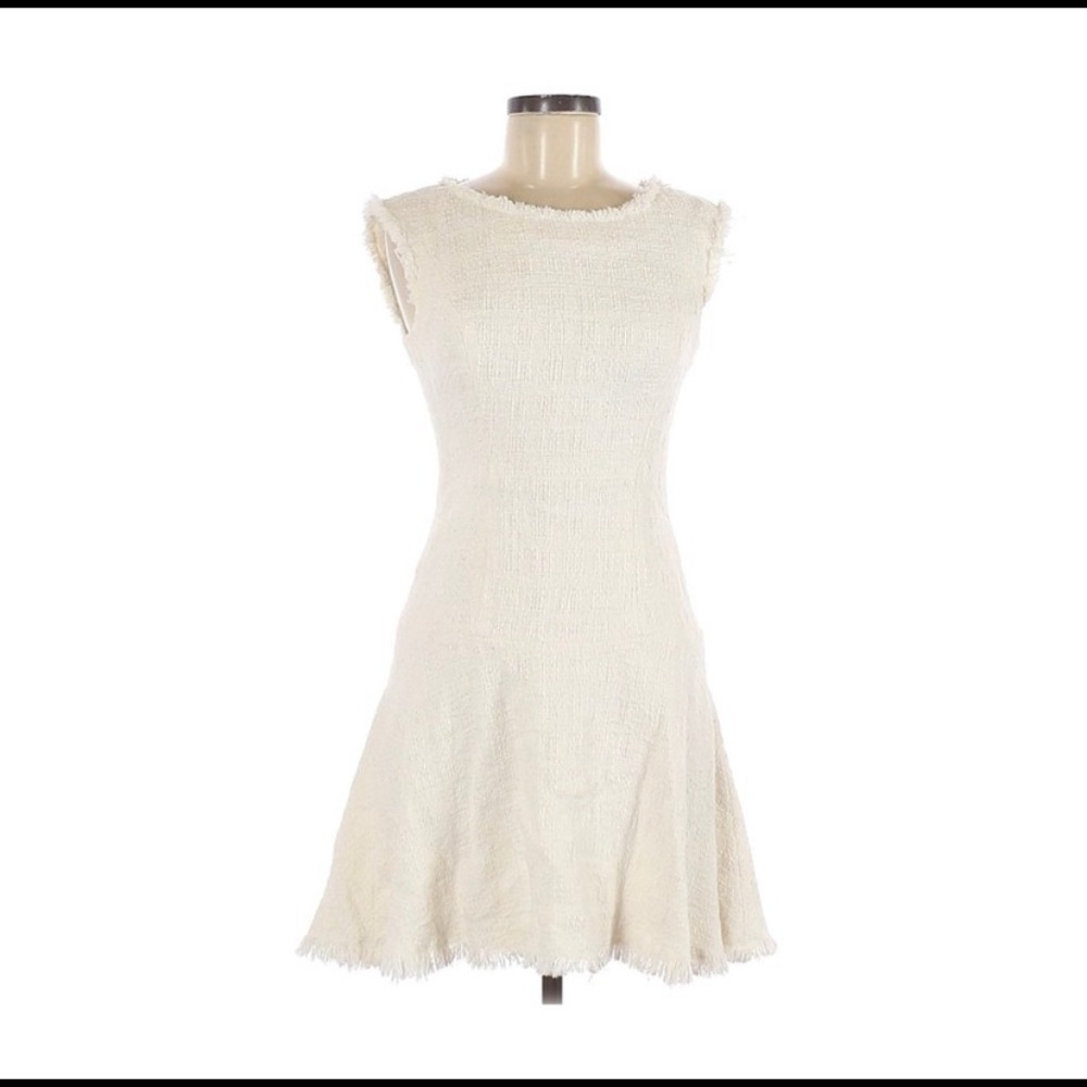 Rebecca Taylor Sleeveless Tweed Drop Waist Dress Creme White | Size 0